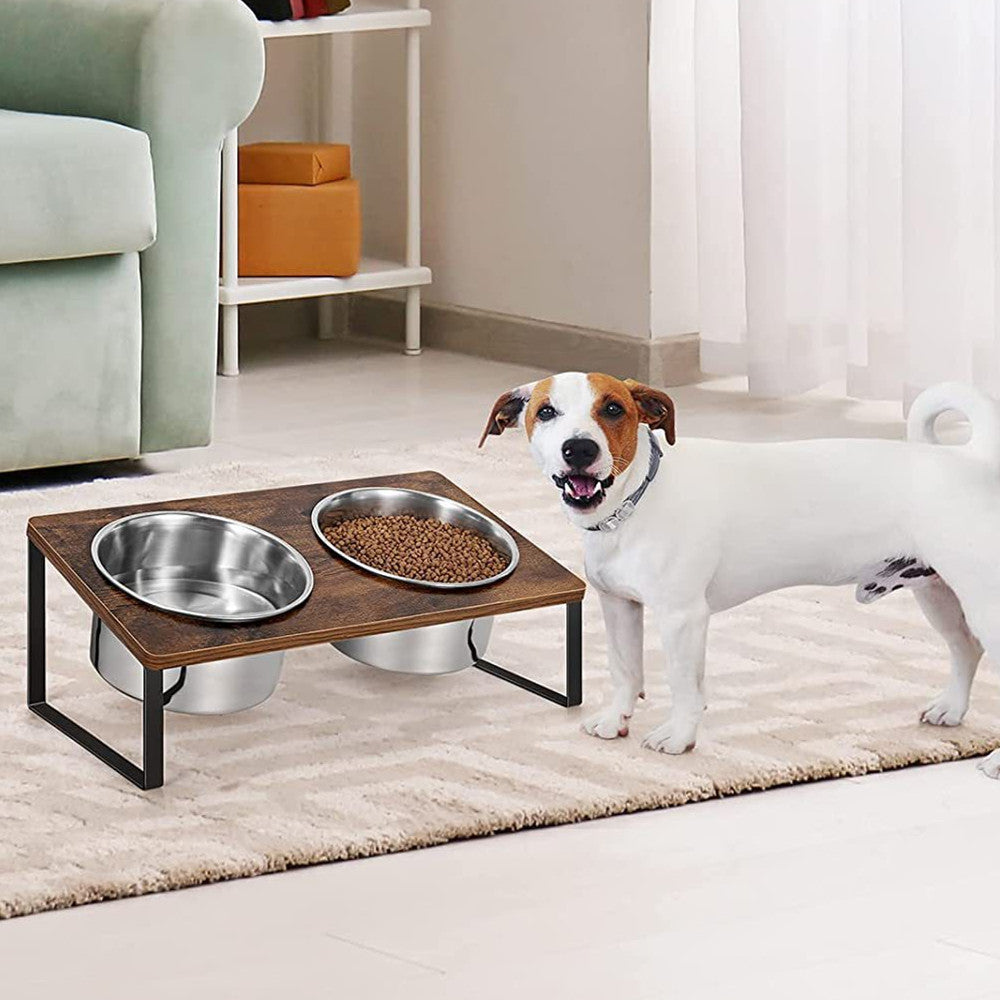 Iron and Wood Combined Pet Feeding Rack With Bowl