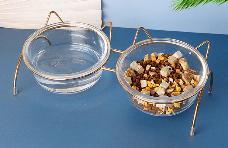Glass Pet Feeding Bowl With Metal Rack For Food And Water