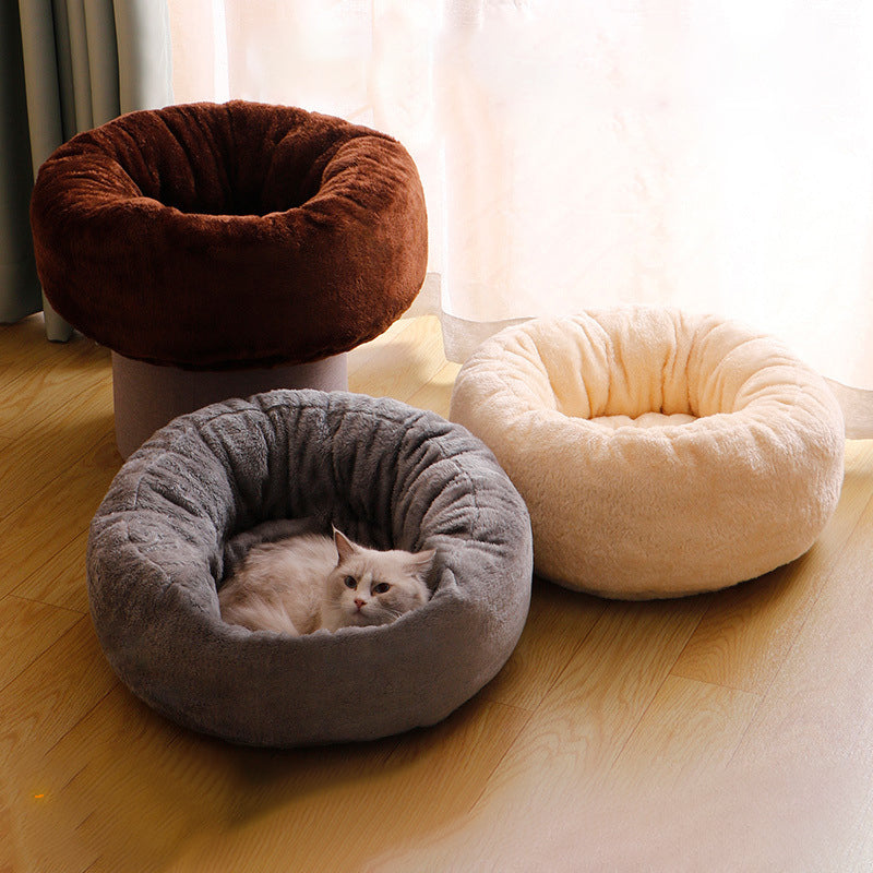 Plush Round Pet Donut Bed Warm Comfortable Cushion