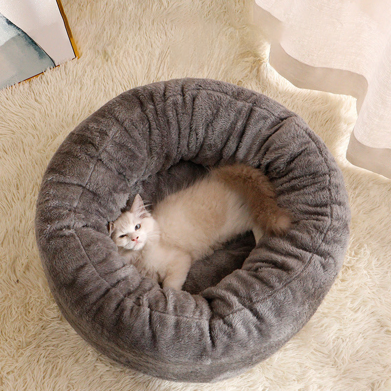 Plush Round Pet Donut Bed Warm Comfortable Cushion