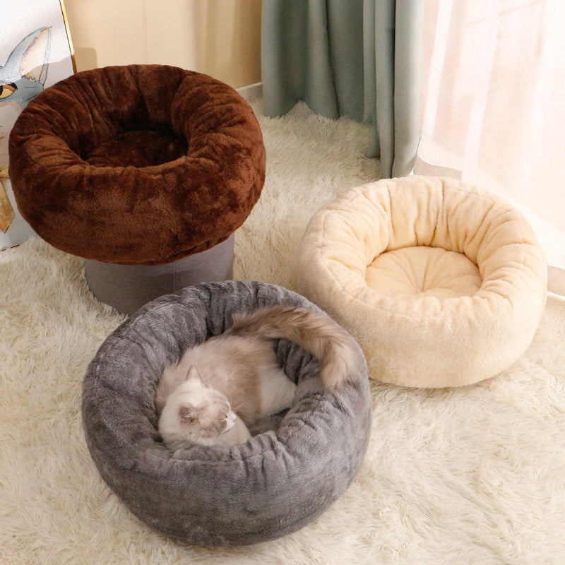 Plush Round Pet Donut Bed Warm Comfortable Cushion