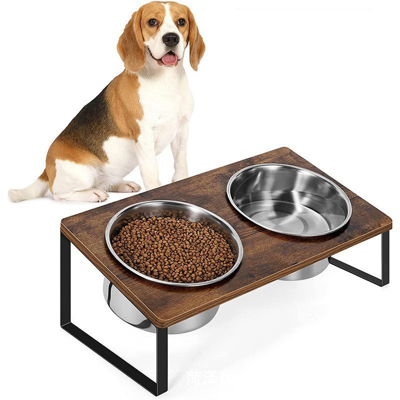 Iron and Wood Combined Pet Feeding Rack With Bowl