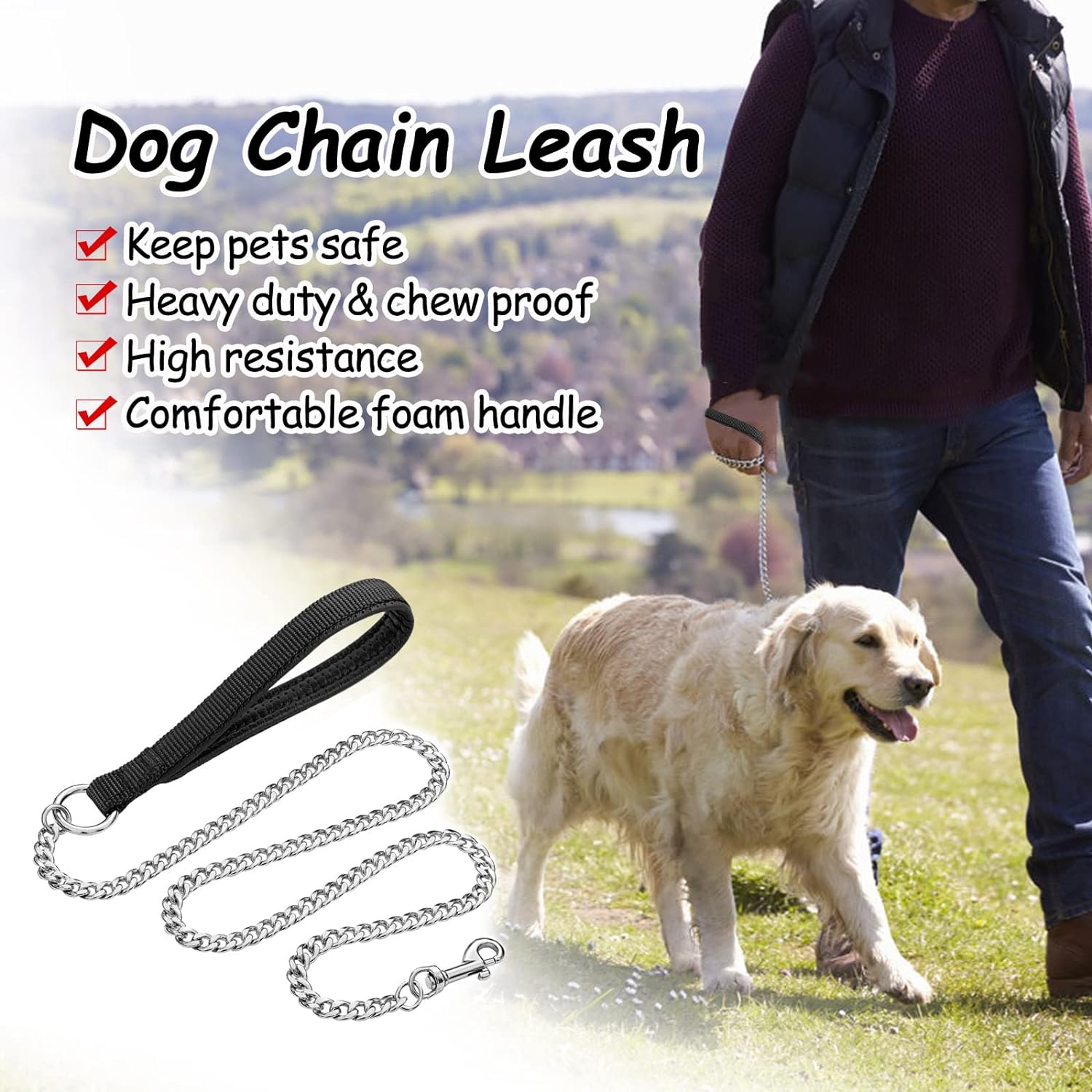 Heavy-Duty Metal Pet Leash Chew-Proof Padded Handle