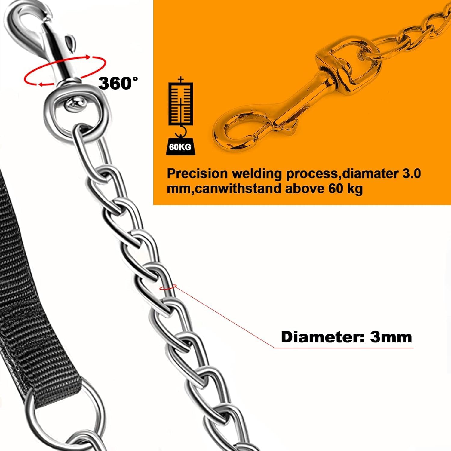 Heavy-Duty Metal Pet Leash Chew-Proof Padded Handle