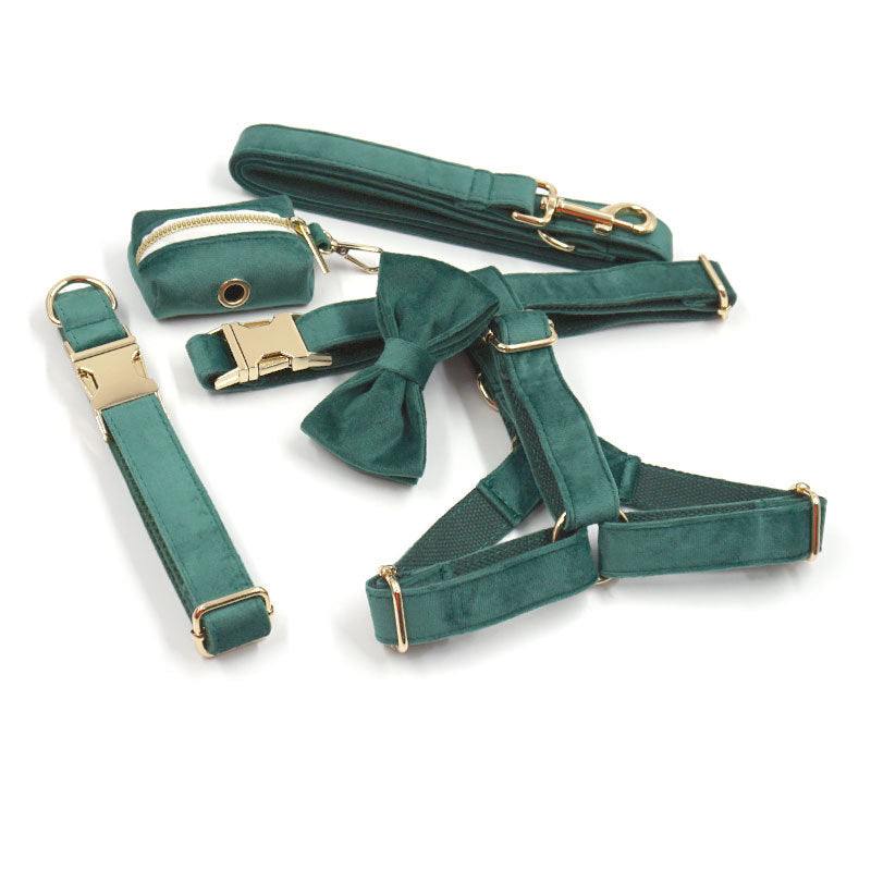 Green Velvet Pet Collar With Matching Leash