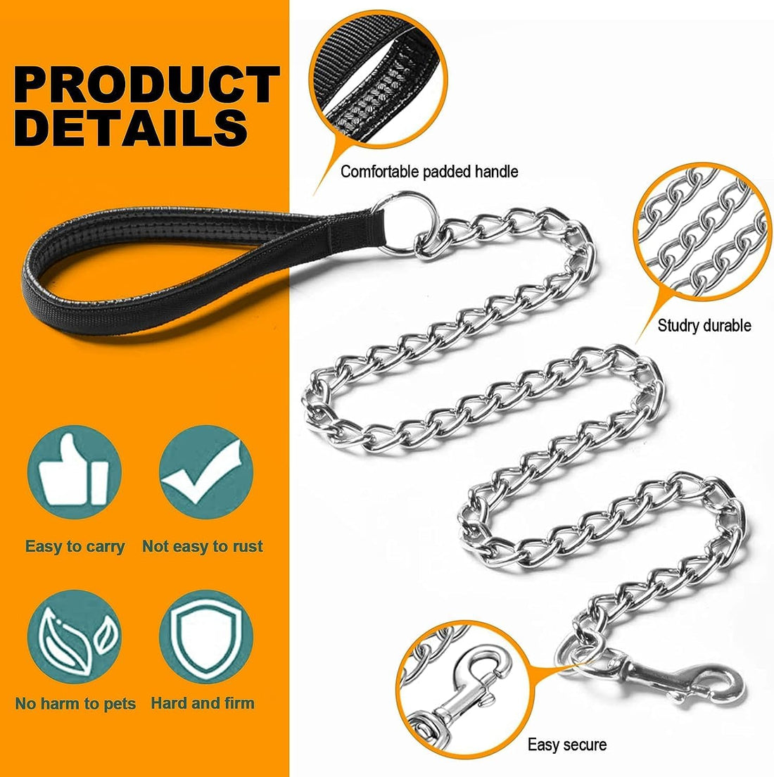 Heavy-Duty Metal Pet Leash Chew-Proof Padded Handle